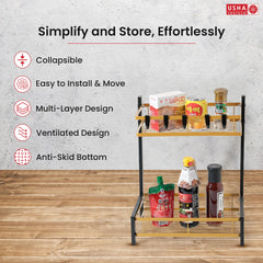 USHA SHRIRAM Trapezoidal Seasoning Rack | Stackable Kitchen Basket For Storage | Carbon Steel Collapsible Foldable Basket For Fruits And Vegetables | Rust-Resistant (2Pcs - Black Gold - Design 1)