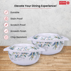 USHA SHRIRAM Melamine Serving Bowl | Fibre Dinner Set for Family | Unbreakable | Heat Resistant| Durable Shatter Resistant | Light Weight | BPA Free (Blue Marble Flower, 2 Pcs)