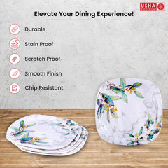 USHA SHRIRAM Melamine 12 Plate Set|Square Blue Marble Flower Square |Fibre Dinner Set for Family |Melamine Set | Unbreakable | Heat| Resistant| Durable| Shatter| Resistant| Light| Weight| BPA Free